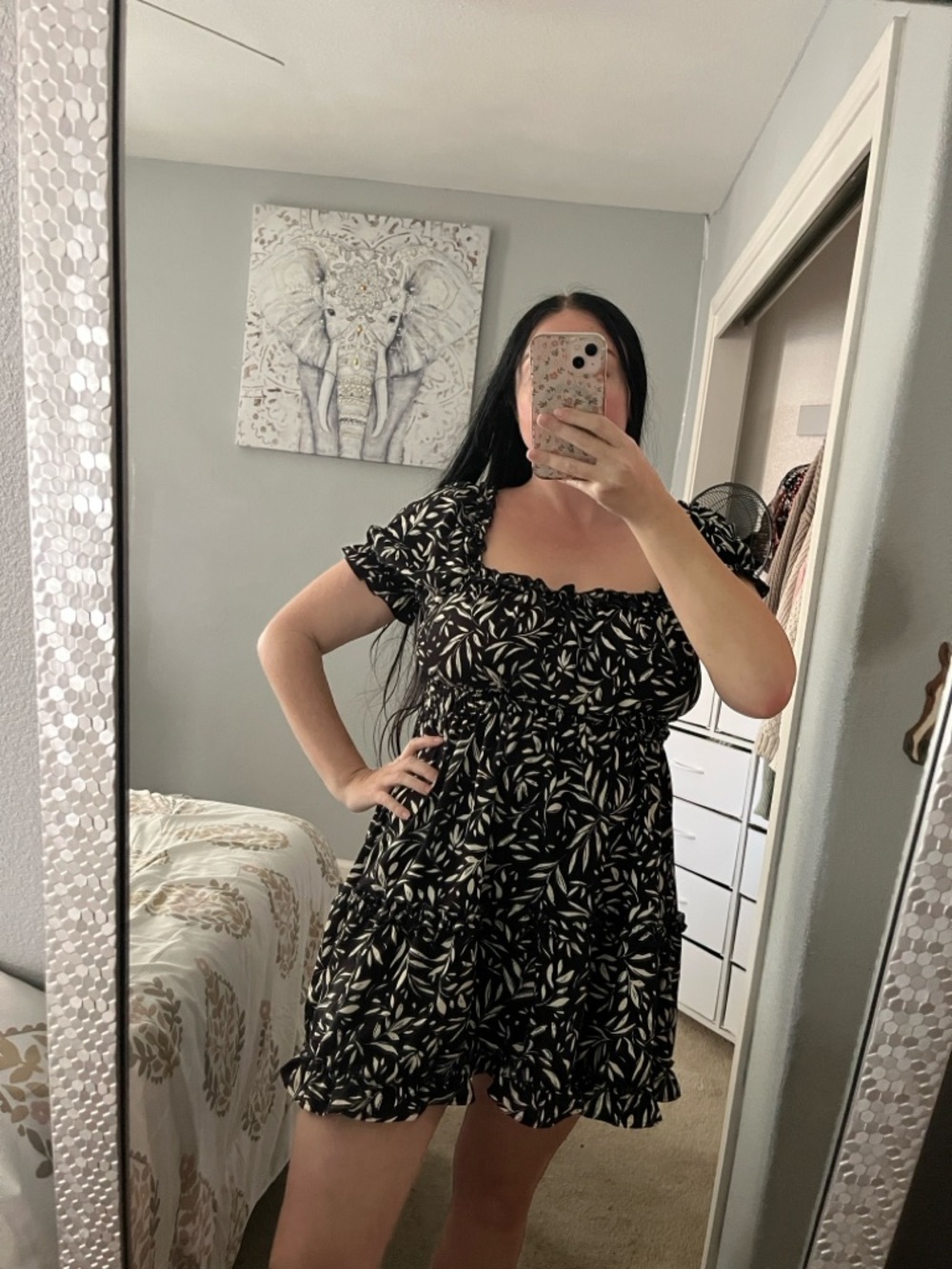 Black White Leaves Leaf Print Tiered Mini Dress L Large M Medium